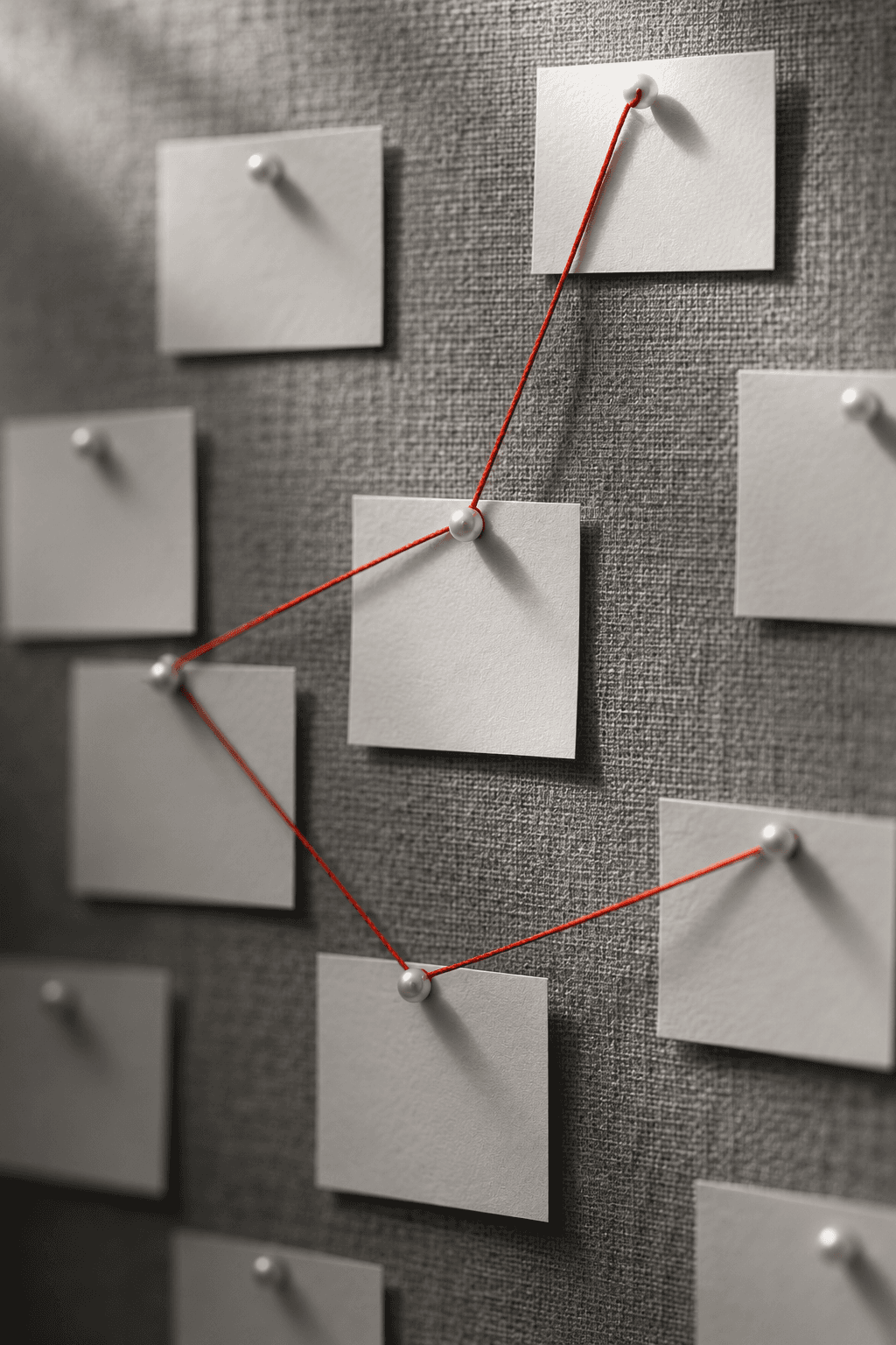 Blank cards pinned on gray linen, linked by a single red thread